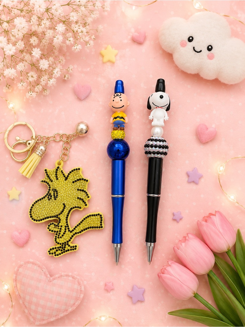 Charlie Brown and Snoopy handmade beaded pens with a Woodstock keychain.